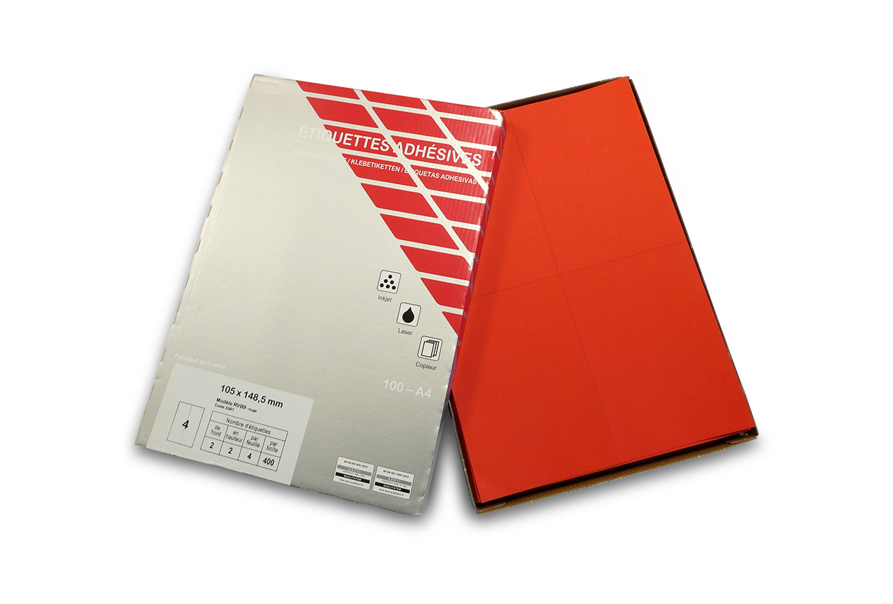 planche A4 de 1 étiquette autocollante rouge 210 x 297 mm